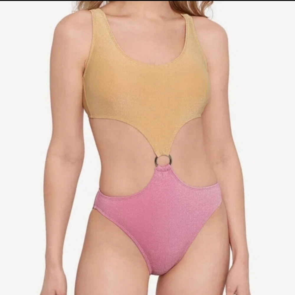 NWT Salt + Cove Gold & Pink Glitter Cutout Monokini Swimsuit XS